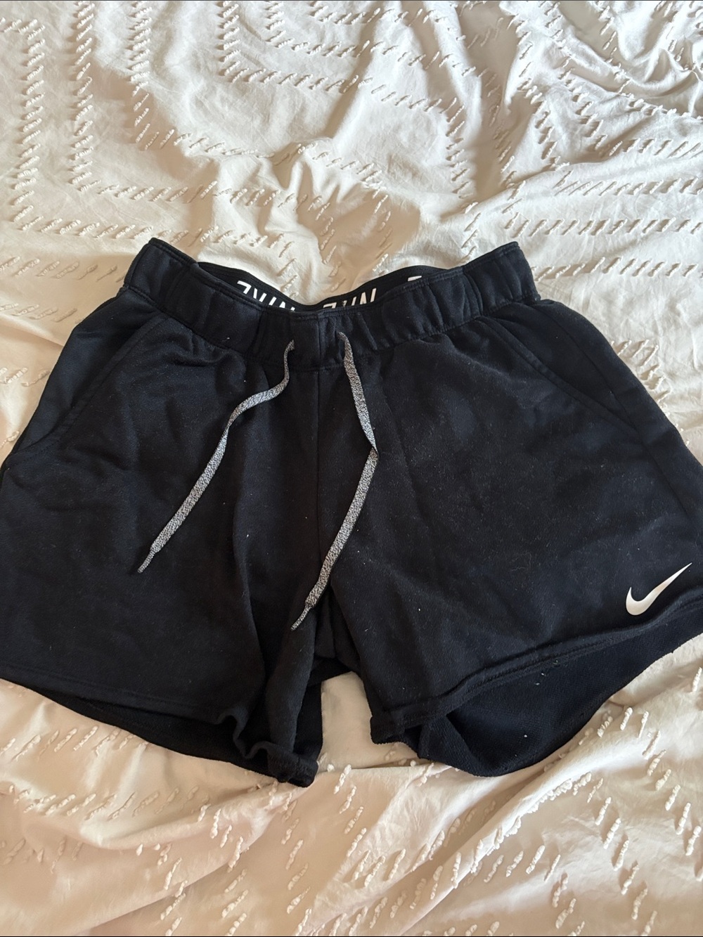 Nike Black Shorts with Gray Drawstring and White Swoosh